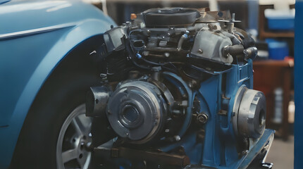 a close up of a blue car engine on display