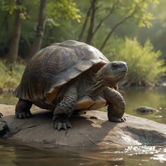 a turtle that is sitting on a rock in the water