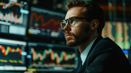 Fototapeta premium portrait businessman analysis trade on big monitor