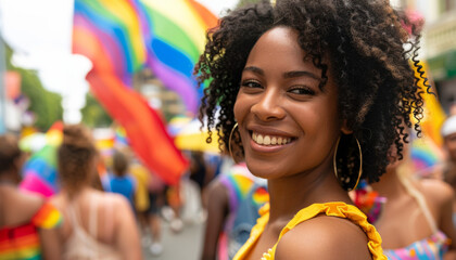 Portrait of young beautiful curly hair woman at Pride