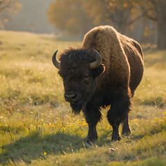 a bison standing in a field of grass with trees in the background