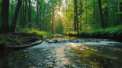 Fototapeta premium Sunbeams illuminate a tranquil stream flowing through a lush green forest.