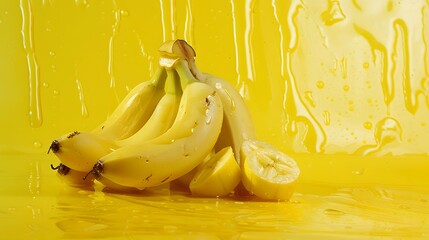 Bright yellow background with bunch of bananas. 