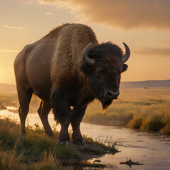 bison standing on a grassy hill next to a river at sunset