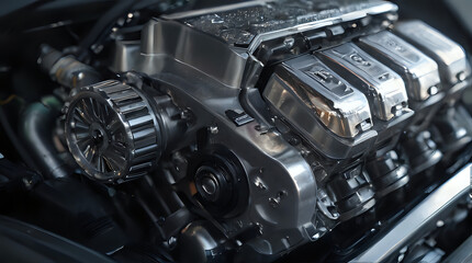 a close up of a motorcycle engine with a lot of chrome parts