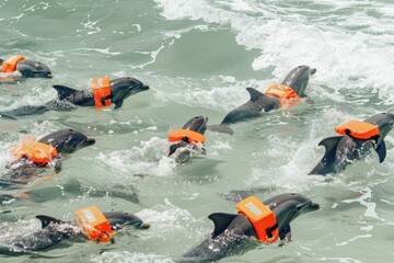 Dolphin Lifeguards Rescuing Swimmers - Team of dolphins in lifeguard attire save beachgoers, one blowing a whistle, others guiding to safety.