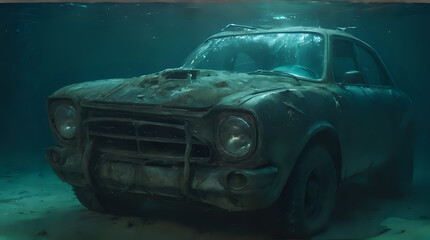 a old car that is submerged in the water