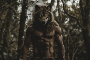 Majestic Human Transformed into Wolf Standing Powerfully in Forest Wilderness
