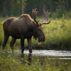 a moose that is standing in the water