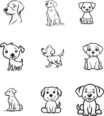 A set of cartoon dogs with black and white outline