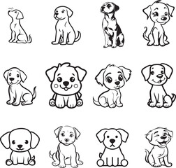 Obraz premium A set of cartoon dogs with black and white outline