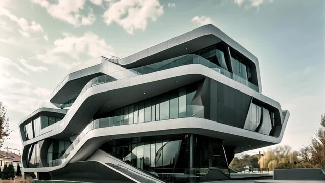 An asymmetrical office building showcasing a multitude of windows on its facade, An office building with a unique asymmetrical shape that challenges traditional architectural norms