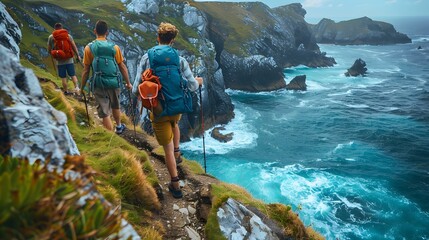 Friends Hiking Along Coastal Path Overlooking Crashing Ocean Waves