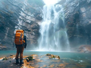 Fototapeta premium Hiker Enjoying the Majestic Waterfall Amidst Scenic Mountain Landscape
