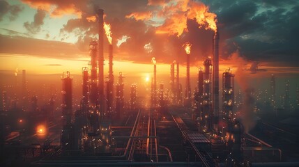 Towering Oil Refinery at Dramatic Sunset with Flaring Stacks and Distillation Columns