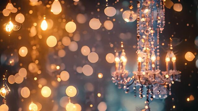 Luxurious chandelier with twinkling lights hanging from a rooms ceiling, An opulent display of twinkling lights and shimmering particles