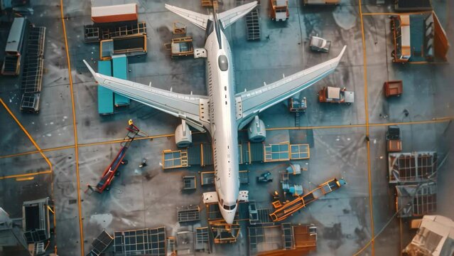 A large jetliner is parked on top of an airport tarmac, awaiting maintenance or boarding passengers, An overhead view of an airplane undergoing maintenance in a hangar