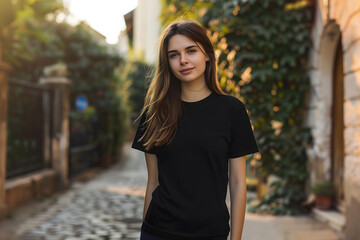 Fototapeta premium Female model wearing black t-shirt on a bright street for urban mockup design template
