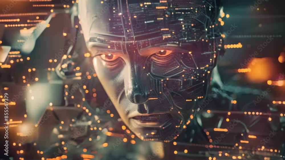 Poster a mans face surrounded by intricate lines and dots, creating a digital abstract pattern, artificial 