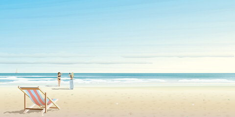 Beach with tropical blue sea and blue sky background have beach chair and far away have woman taking a picture to her friend in bikini suit graphic illustration.
