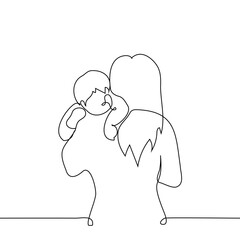 woman carries a baby with her head resting on an adult's shoulder, view from the back - one line art vector. mother's day concept, mother carries baby