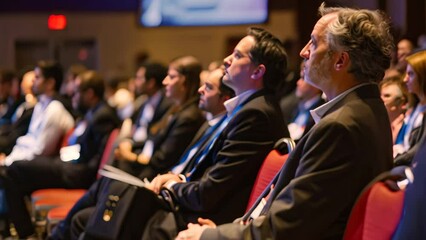 People attending a financial conference and workshops sitting in a room, Attending financial conferences and workshops to stay updated on industry trends