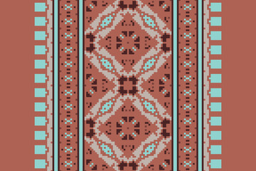 Ethnic pixel geometric seamless pattern with paisley on beige background. Native oriental cross stitch knitting design for fabric, decoration, wallpaper, border decor, element, texture, textile, print