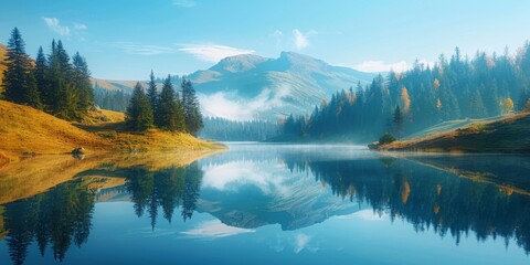 Obraz premium A serene mountain lake reflecting the surrounding pine-covered hills and a clear blue sky