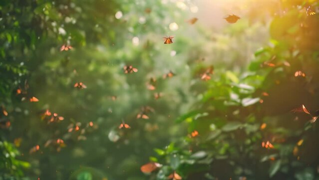 Multiple butterflies flying in the air in a forest, Birds chirping in a lush green forest