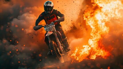Extreme motocross Rider riding. motocross race bike in action on dirt track. with fire. by ai...