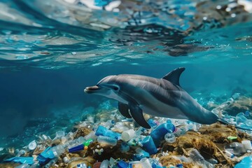 Obraz premium Dolphin Swimming Through Plastic Pollution in the Ocean