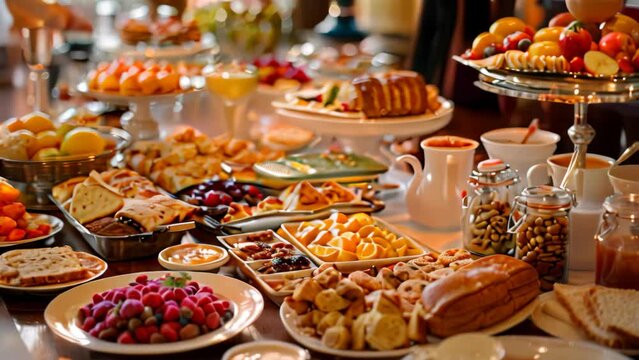 Various breakfast foods laid out on a lavish hotel table, including pastries, fruits, eggs, and cereals, Breakfast foods spread out on a luxurious hotel dining table