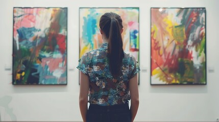Young woman casually standing near three paintings at an art gallery, admiring abstract works of contemporary artists. The woman is looking at the wall with a colorful oil painting in the style of a c