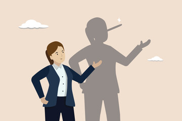 Honesty, liar, fake or business fraud, false information, hiding the truth concept, dishonesty businesswoman lying with Pinocchio long nose shadow.