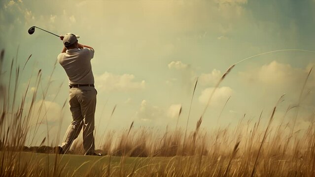 Vintage golf scene pushing over grass towards a golfer in white close in slow motion on the back swing with big clouds in the background.