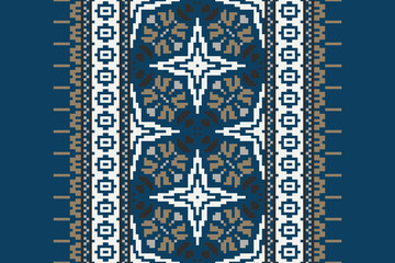 Ethnic pixel geometric seamless pattern with paisley on beige background. Native oriental cross stitch knitting design for fabric, decoration, wallpaper, border decor, element, texture, textile, print