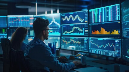 A professional setting with a group of businesspeople analyzing stock market trends on multiple monitors, emphasizing teamwork in financial decision-making. The background includes charts, graphs,