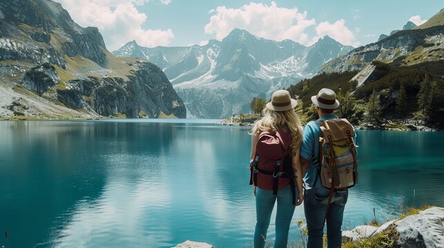 Adventurous Couple Enjoying Mountain Lake View in Austria. Travel and Active Lifestyle Concept