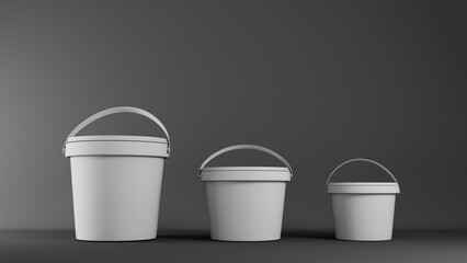 Three white buckets on gray background. Mock up, 3D Rendering