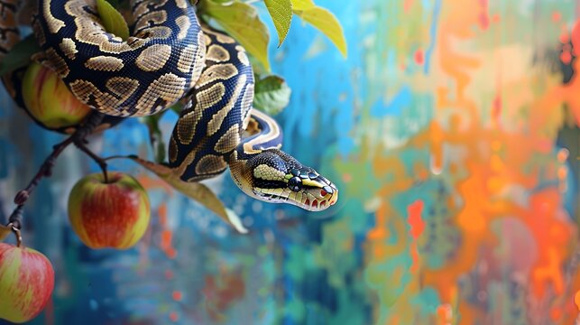 A ball python hanging from an apple tree, eating apples, closeup of the snake's head and body wrapped around its tail against a colorful background, in the style of a real photo.