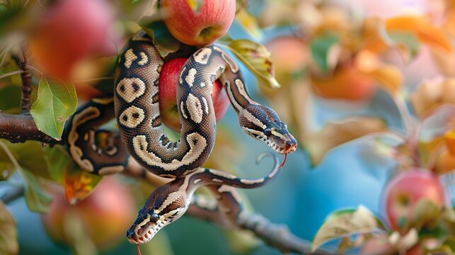 A ball python hanging from an apple tree, eating apples, closeup of the snake's head and body wrapped around its tail against a colorful background, in the style of a real photo.