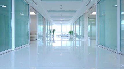 Fototapeta premium Modern office hallway with glass walls and bright lighting, conveying a clean and professional workspace ambiance.