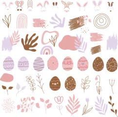 Gordijnen Naadloze herfst Happy Easter - Boho Easter Elements. Cute spring card with quail eggs, flowers, Willow twigs, bunny, leaf and design elements in flat style  © dapiyupi