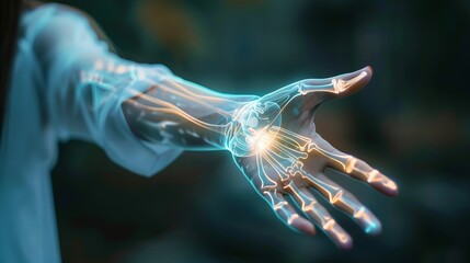 Technological scan of a human hand , trying to find a fracture in a hurting arm and hand , Futuristic AI helping in the field of Medicine and Physio