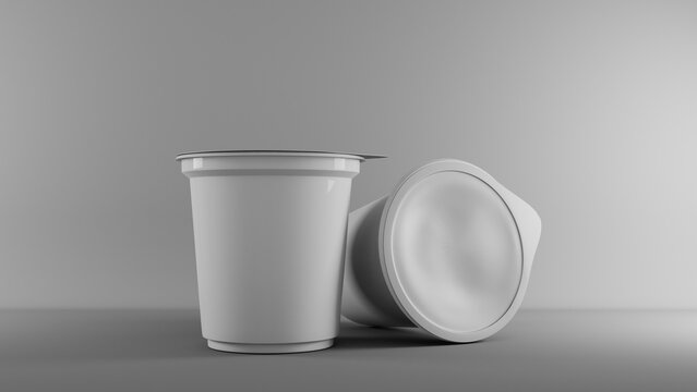White yogurt cup mockup on grey background. 3D rendering