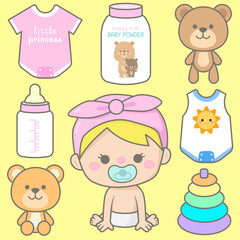 Cute baby girl in Children Style Cartoon illustration