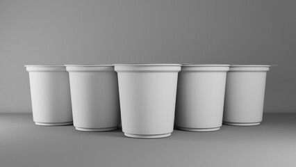 3d rendering of a row of white Yogurt cups in grey background