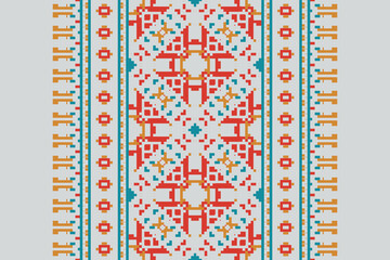 Ethnic pixel geometric seamless pattern with paisley on beige background. Native oriental cross stitch knitting design for fabric, decoration, wallpaper, border decor, element, texture, textile, print