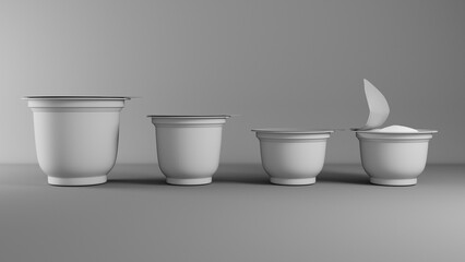 3d rendering of a group of white plastic cups in gray background
