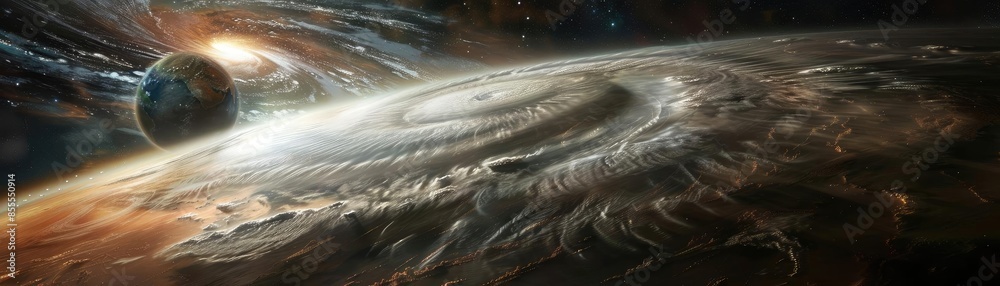 Poster mesmerizing depiction of a cosmic storm on a distant planet with swirling clouds, vibrant colors, an